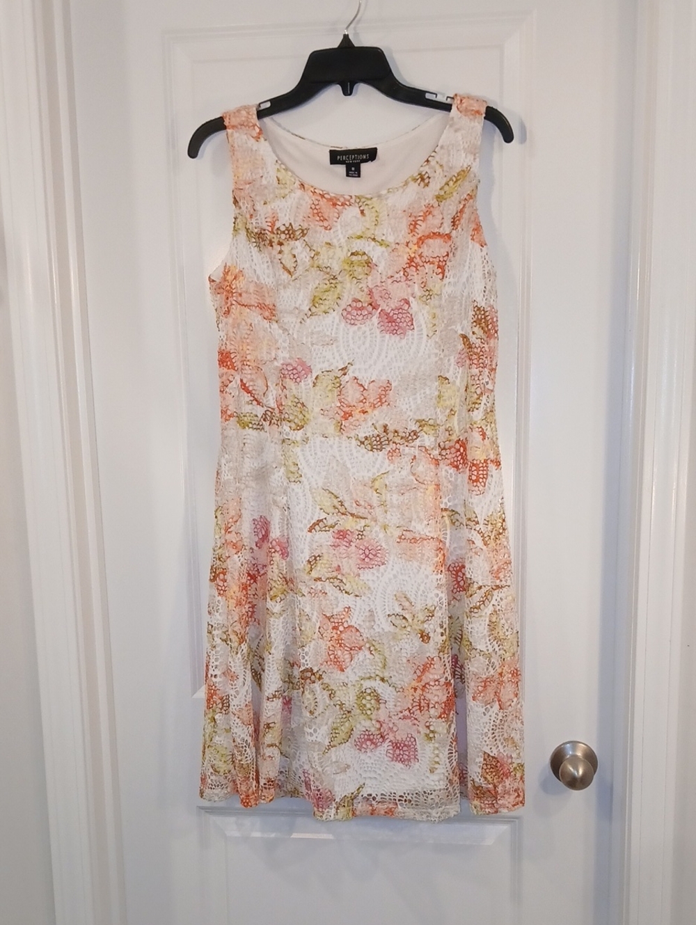 Perceptions White Lace Floral Fit-and-Flare Dress with Peach and Sage Accents